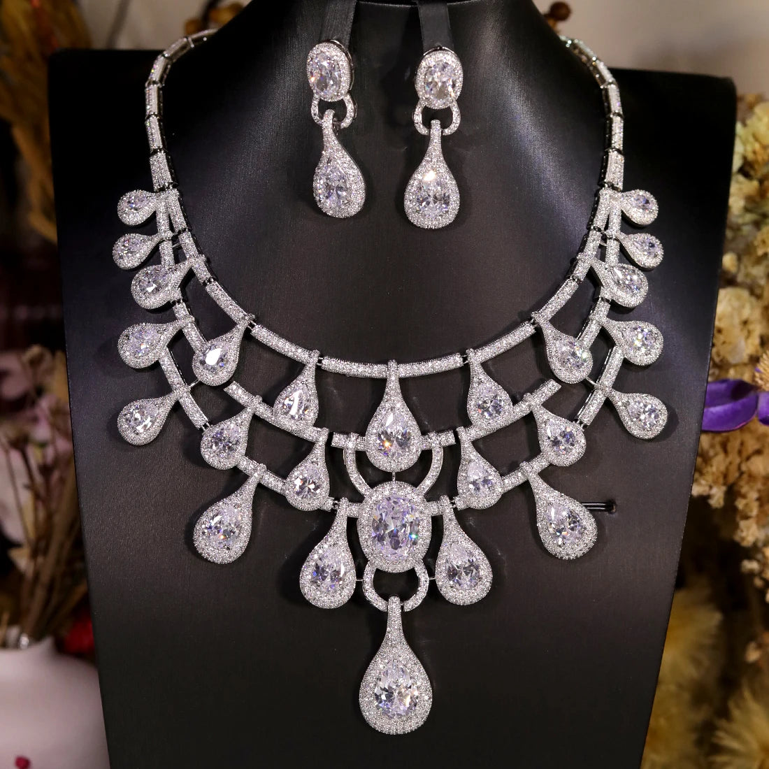 ASNORA Luxury 2PCS Big Water Drop Pendant Necklace African Jewelry Set For Women Wedding Party CZ Dubai Bridal Jewelry Indian