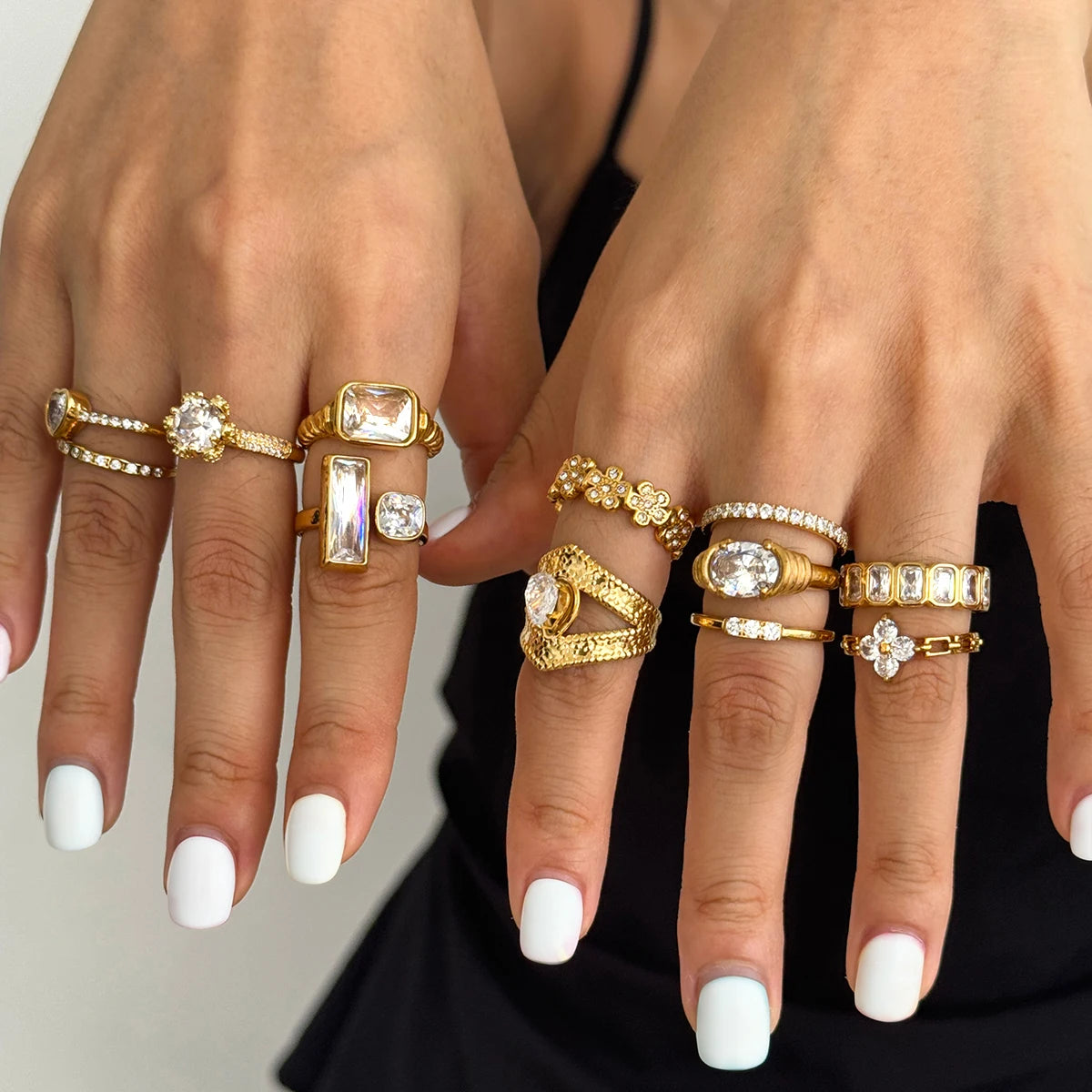 Uworld Minimalist 18K Gold Color Plated Stainless Steel Geometric Zircon Flower Ring Stackable Texture Ring Women's Jewelry