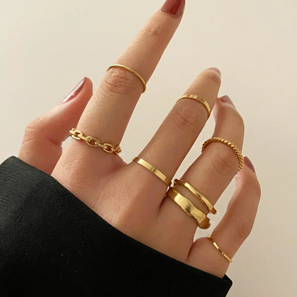 12 Pcs/Set Fashion Gold Color Irregular Geometric Open Rings For Women Men Punk Metal Adjustable Knuckle Joint Ring Jewelry Gift