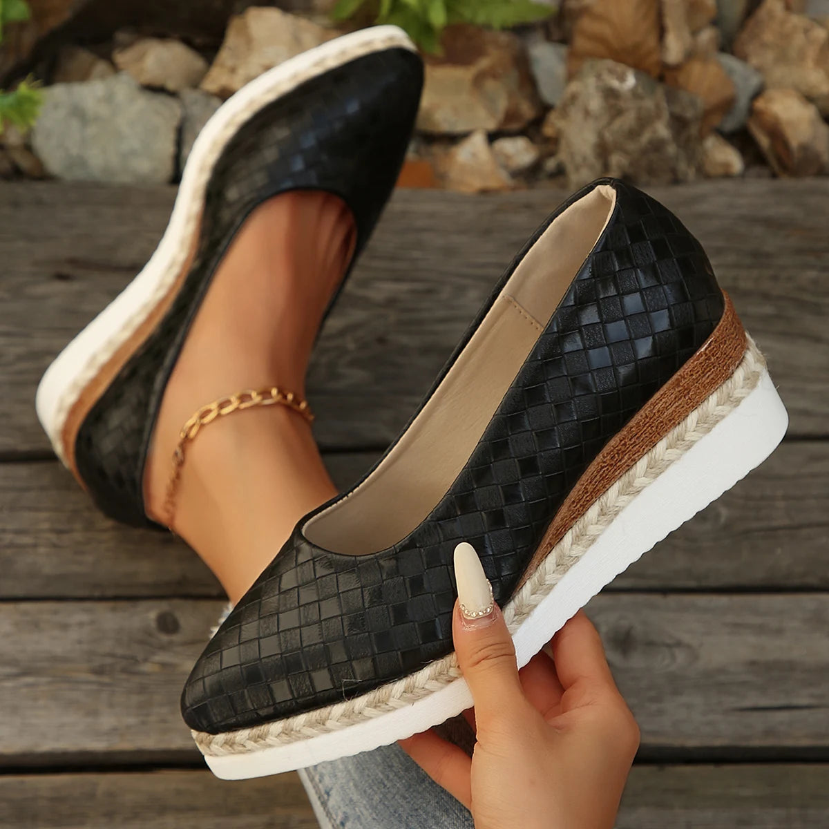 2025 New High Heels Pointed Toe Comfortable High-Heeled Shoes Ladies Shallow Mouth Lace-Up Clogs Wedge Platform Women Sneakers