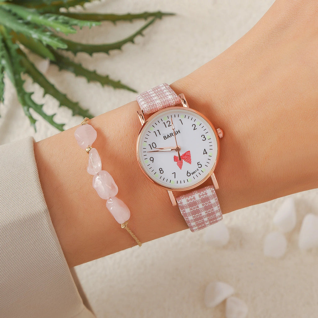 No gift box; cute pink girl's watch and bracelet set; suitable for festivals and birthdays as a gift.