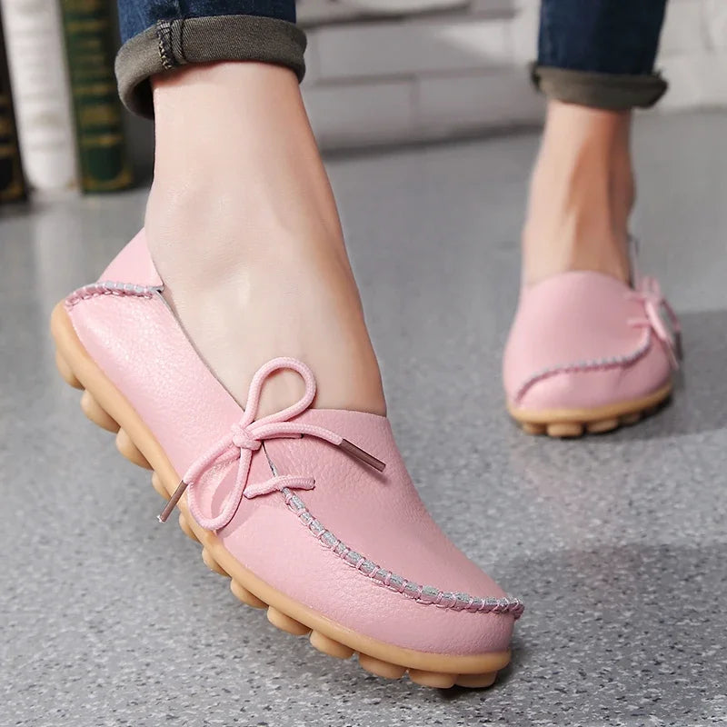 Moccasins Women Flats  Autumn New Woman Loafers Genuine Leather Female Shoes Slip on Ballet Bowtie Women's Shoes Big Size