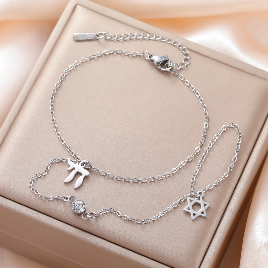 Skyrim Star of David Chai Clear Zircon Finger Bracelet Women Stainless Steel Gold Color Bracelets Amulet Jewish Jewelry Gift
