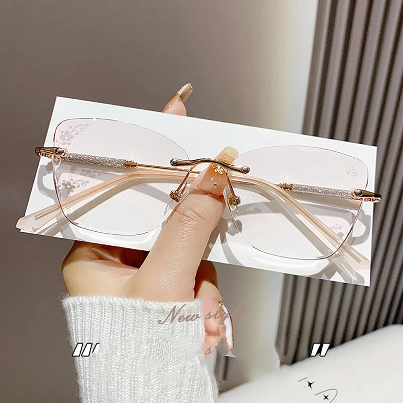 Chic Framless Cutting Reading Glasses Women Big Frame Cat Eyes Presbyopia Eyeglasses With Diopter +1.0+1.5+2.0+2.5+3.0+3.5+4.0