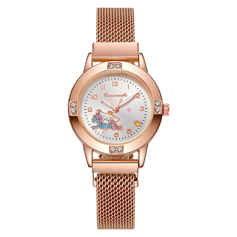 New Hello Kitty Diamond Watches Women Cat Bow Kawaii Pink Ladies Gold Sliver Metal Jewelry Cartoon Magnetic Watch Girls