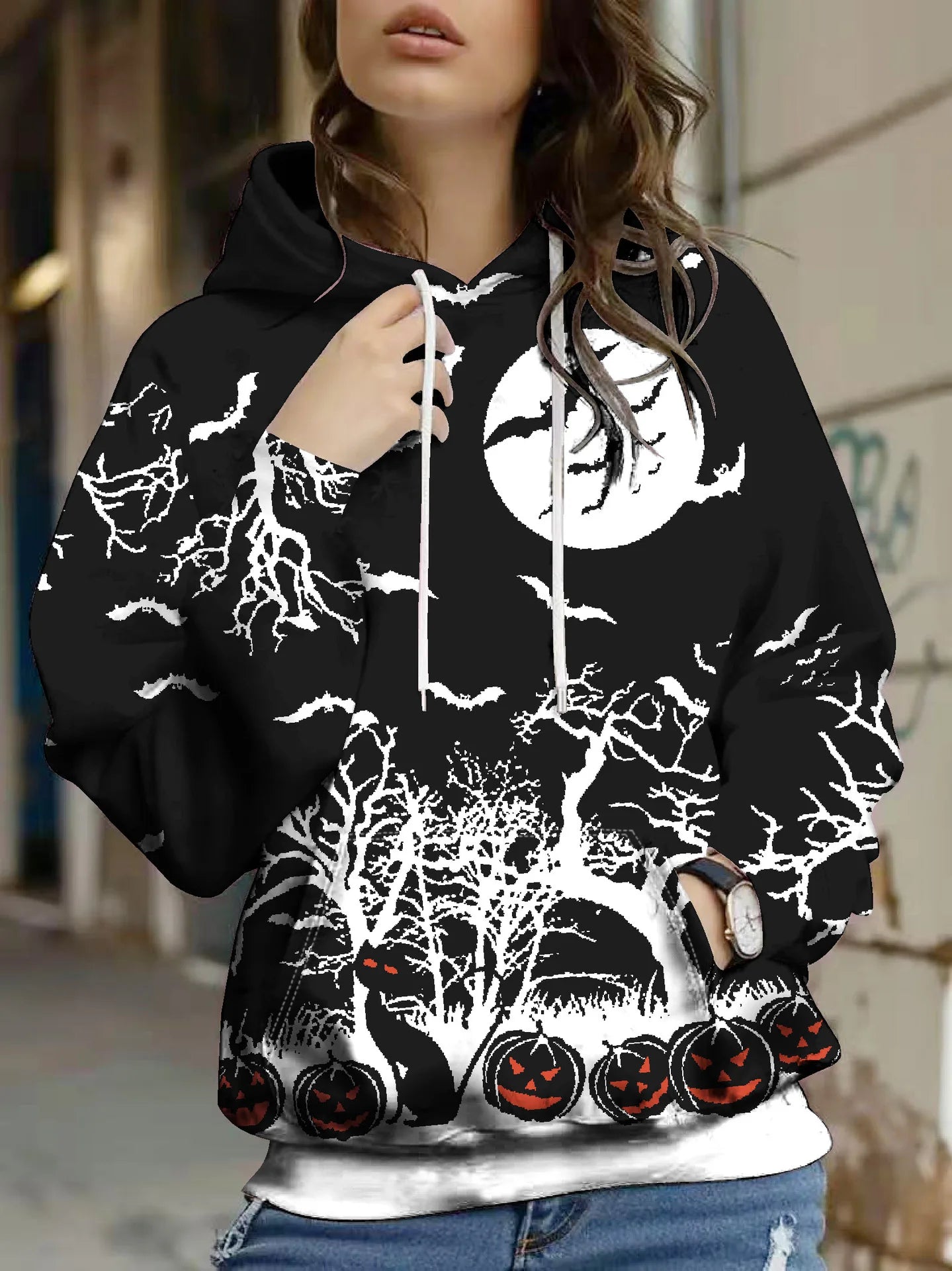 Loose Womens Sweatshirt Fashionable Halloween Retro Casual Temperament Commuter Style Long-sleeved Pocket Pullover Hooded Coats