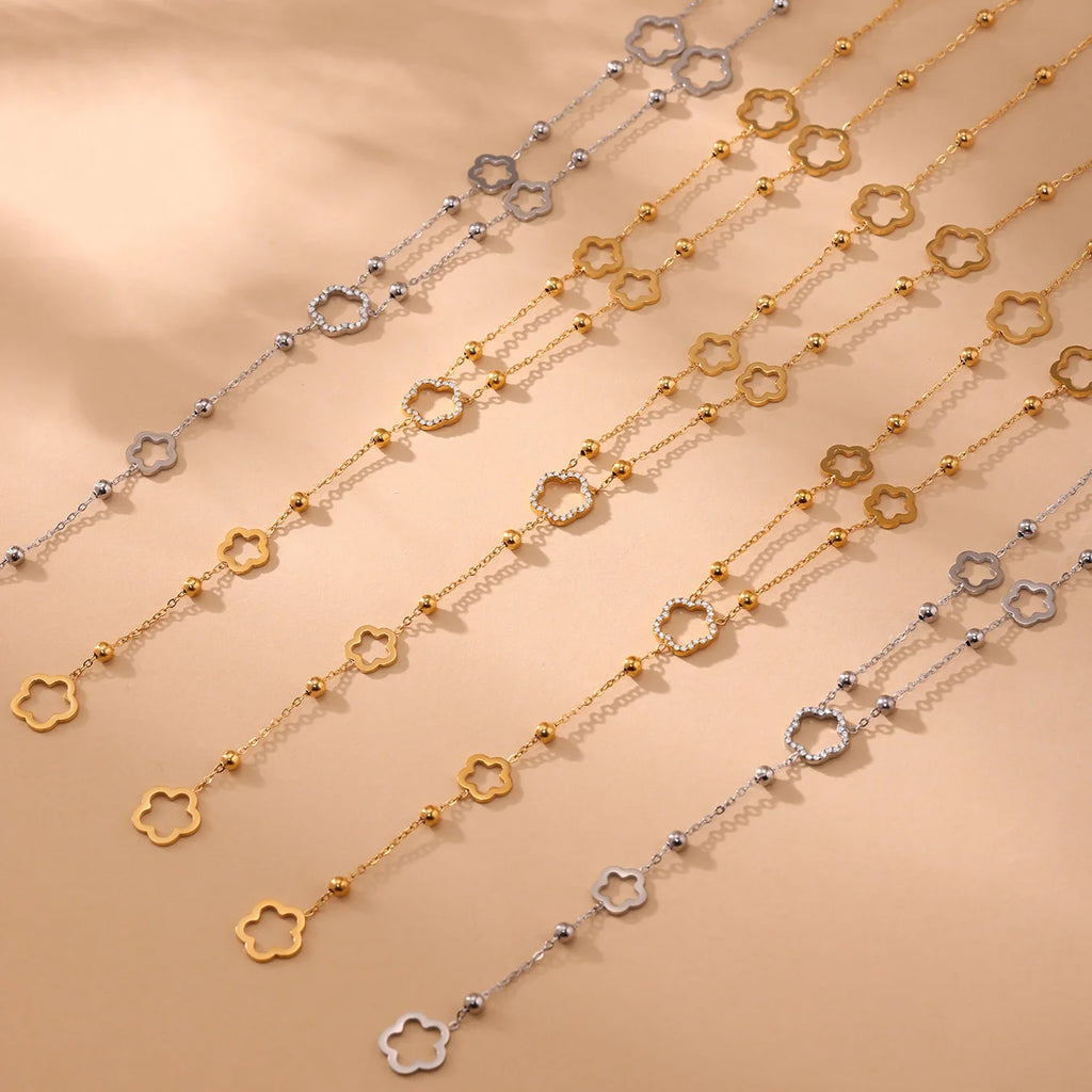 Nivora Flower Chain Stainless Steel Zircon Long Necklacs For Women PVD Gold Plated Metal Female Collar Party Wedding Jewelry