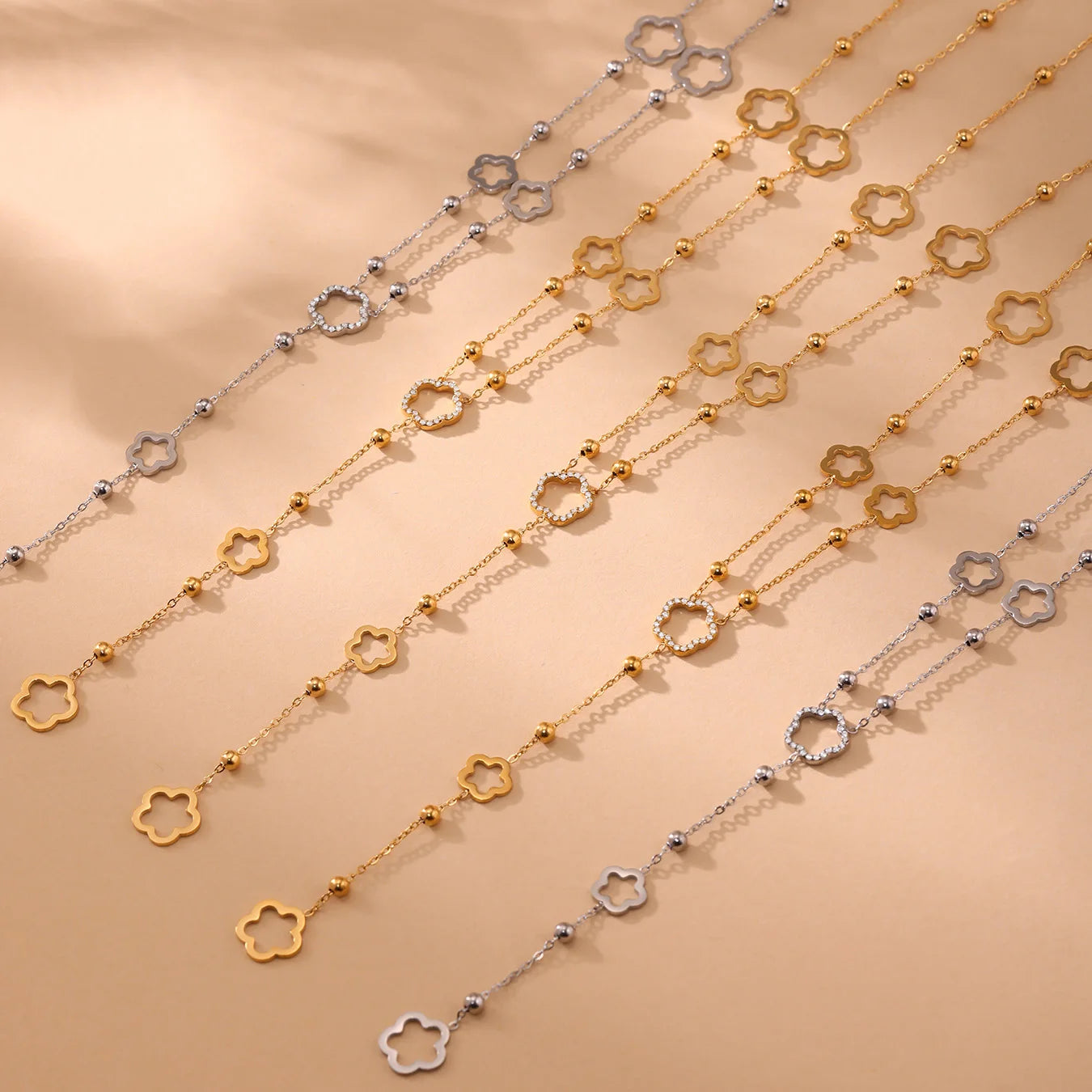 Nivora Flower Chain Stainless Steel Zircon Long Necklacs For Women PVD Gold Plated Metal Female Collar Party Wedding Jewelry