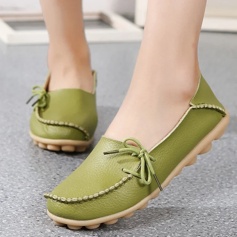 Moccasins Women Flats  Autumn New Woman Loafers Genuine Leather Female Shoes Slip on Ballet Bowtie Women's Shoes Big Size