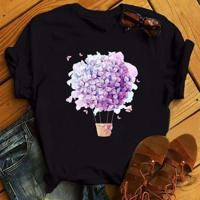 Female Short Sleeve Tshirt Harajuku Tee Shirts Girls T-shirts Fashion Red Poppy Women T Shirt Funny Black Printed Tops Tee