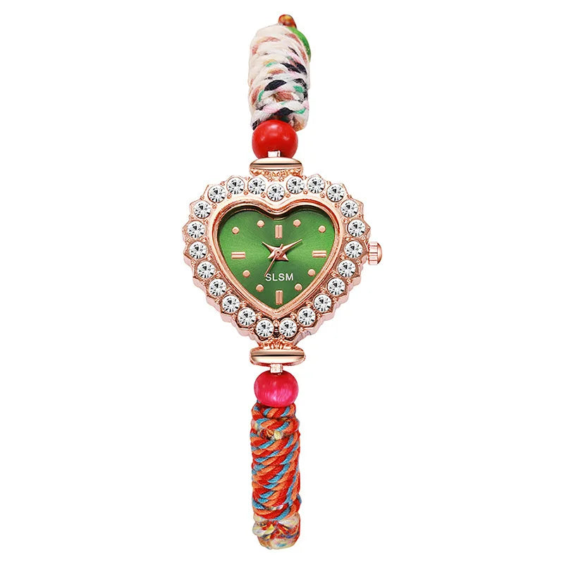 Fashion Braided Rope Strap Women Wristwatch Luxury Rhinestone Heart Dial Ladies Quartz Watches Reloj Mujer