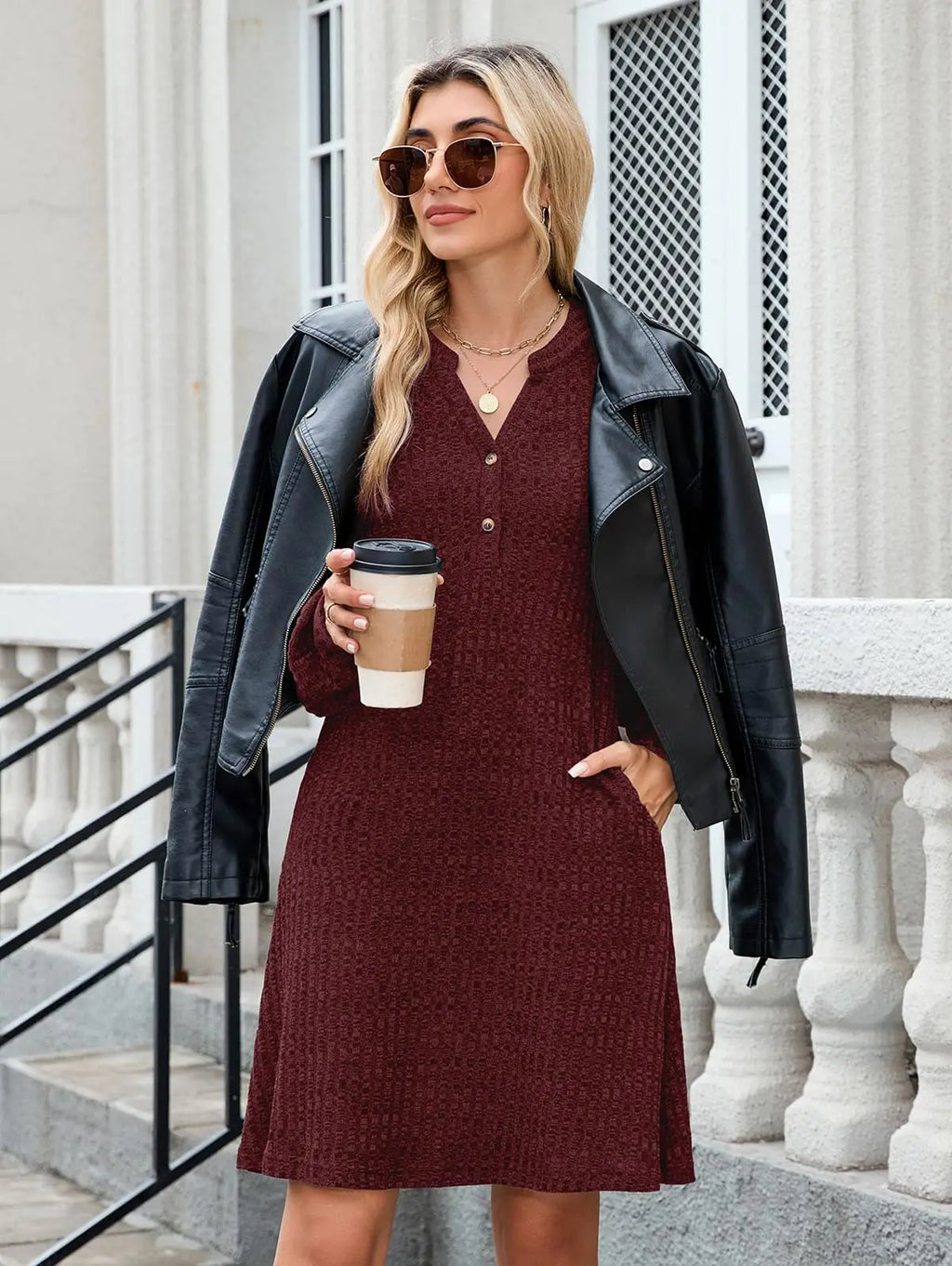ZAFUL Womens Long Sleeve Fall Dresses with Pockets V Neck Button Casual Bodydoll Knit Sweater Dress 2025