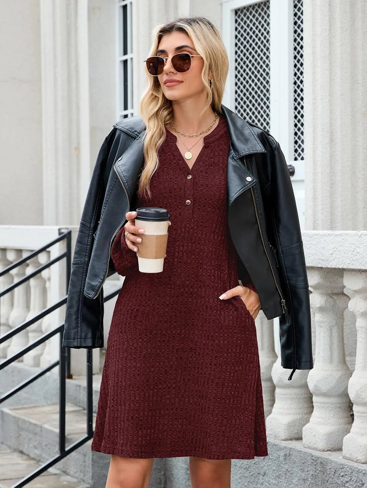 ZAFUL Womens Long Sleeve Fall Dresses with Pockets V Neck Button Casual Bodydoll Knit Sweater Dress 2025