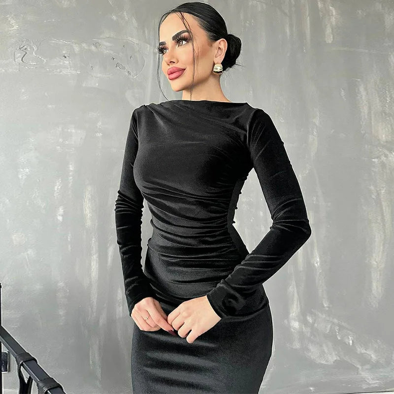Dresses for Women New Long Sleeve O-Neck Women Dress Black Folds Package Hip Velvet Dress Women Vestidos De Verano Mujer Q890