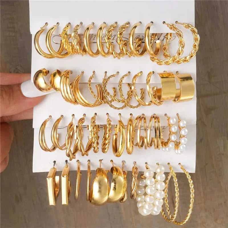 Boho Big Metal Circle Hoop Earring Set for Women Gold Color Bohemia Vintage Pearl Earring Zircon Ear Studs Jewelry Party Gifts