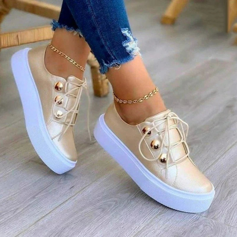 Women's Shoes Pu Leather Sneakers Fashion High Quality Casual Shoes Round Toe Lace Up Flats Plus Size Platform Vulcanize Shoes