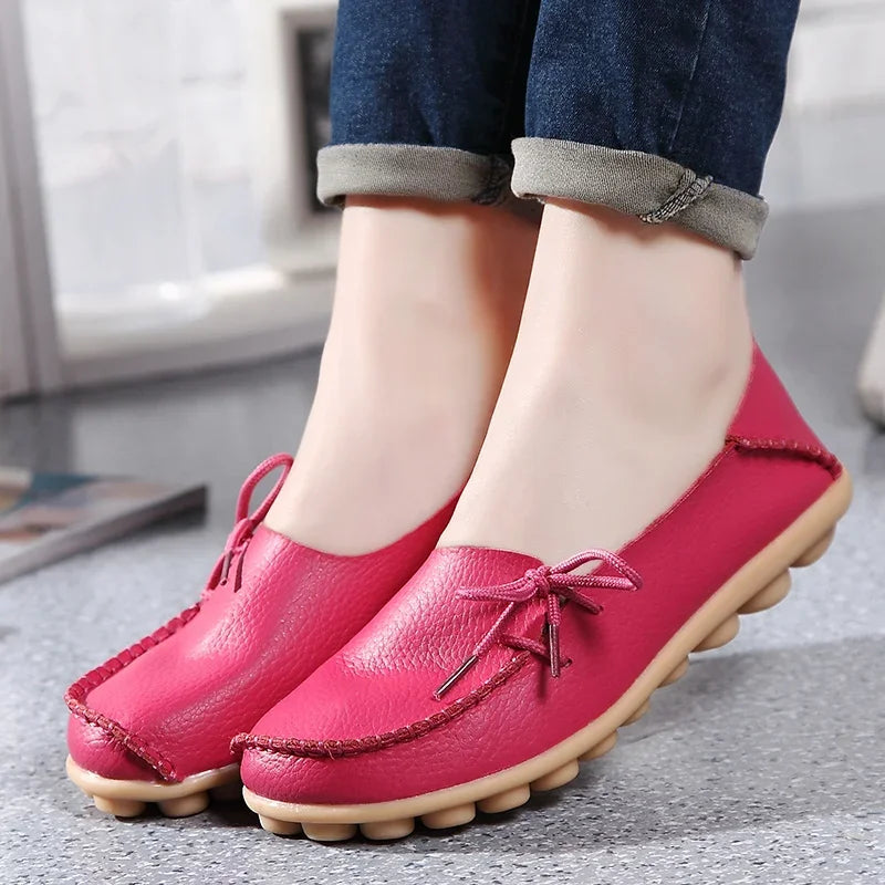 Moccasins Women Flats  Autumn New Woman Loafers Genuine Leather Female Shoes Slip on Ballet Bowtie Women's Shoes Big Size