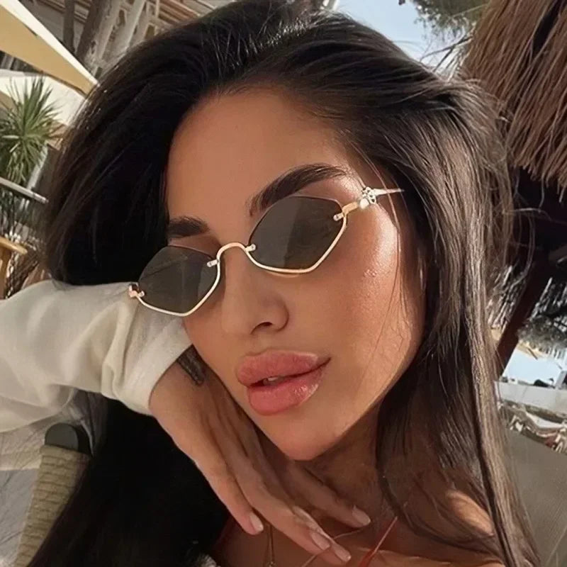 Metal Women Simple Trend Sunglasses Men 2025 New Half Frame Diamond Shaped Sunglasses Dopamine Small Frame Outdoor Sunglasses