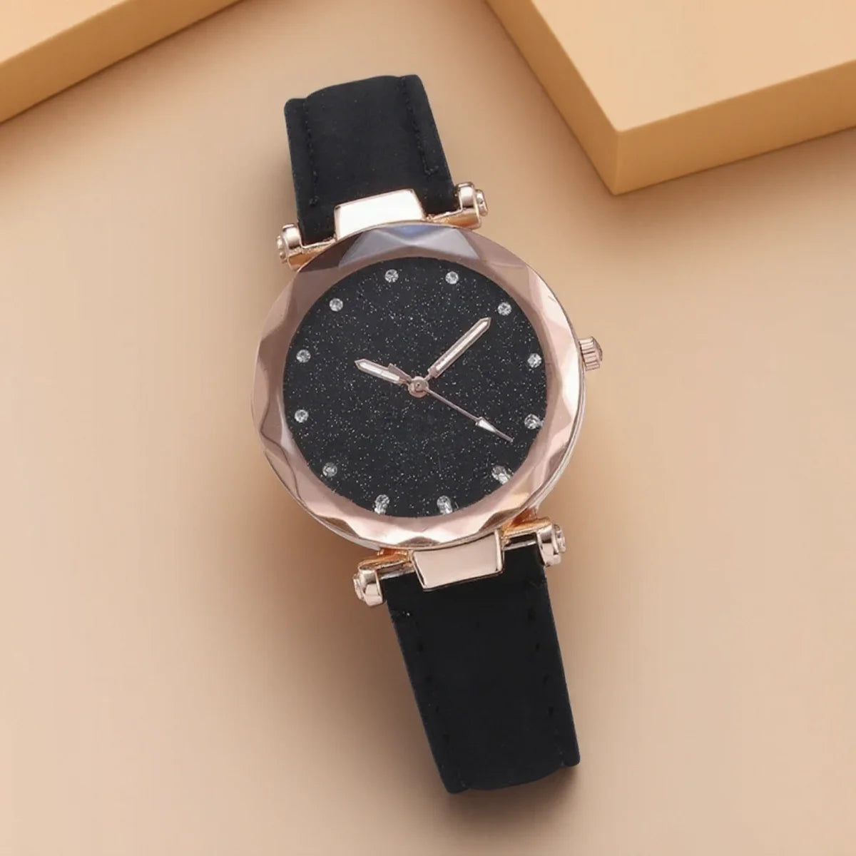 Women's Quartz Watch with Leather Strap Frosted Dial Diamond Starry Design for Elegant Gifting and Daily Use