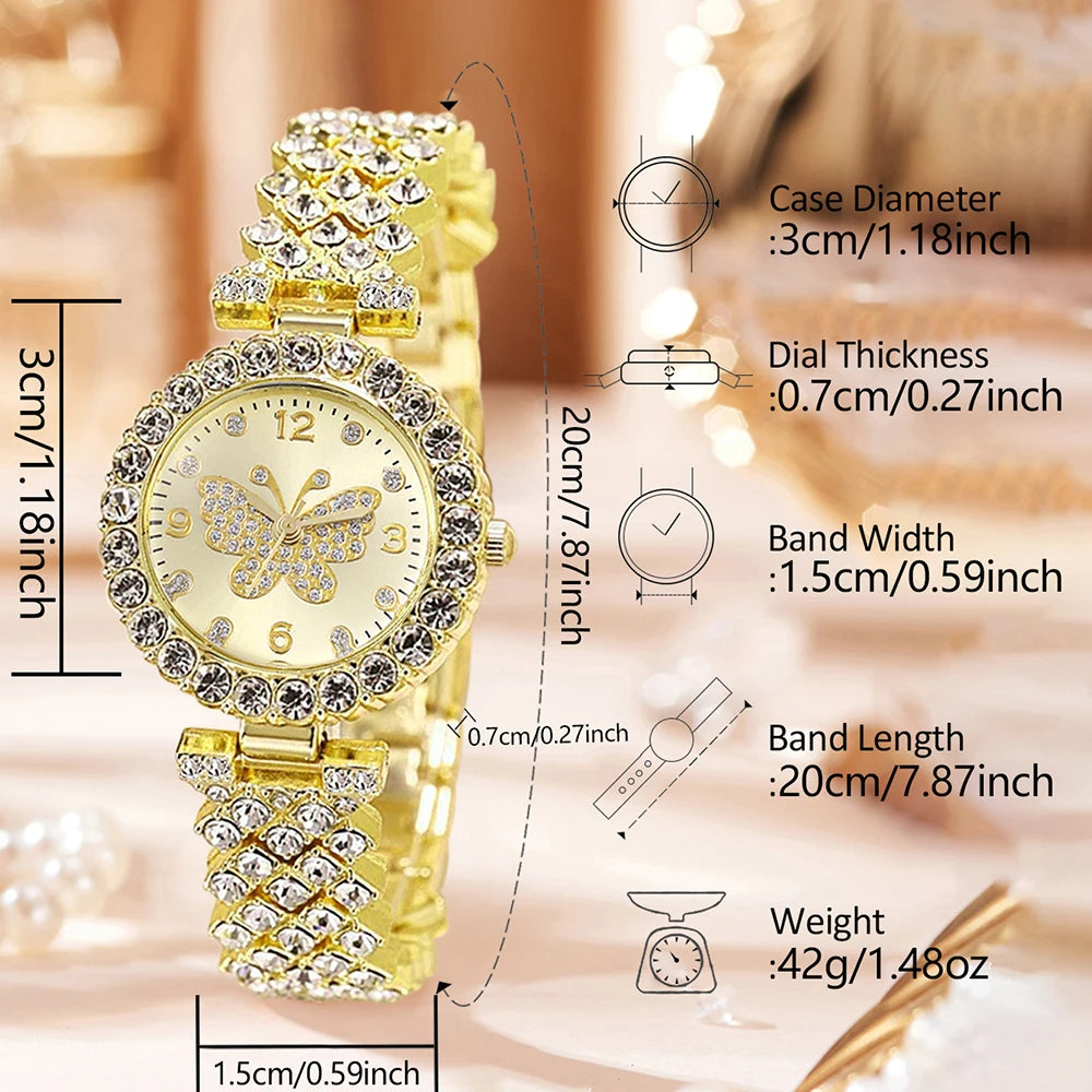 4PCS Golden Butterfly Element Trendy Fashion Luxury Women's Quartz Watch Bracelet Set Suitable for Daily Clothing Matching