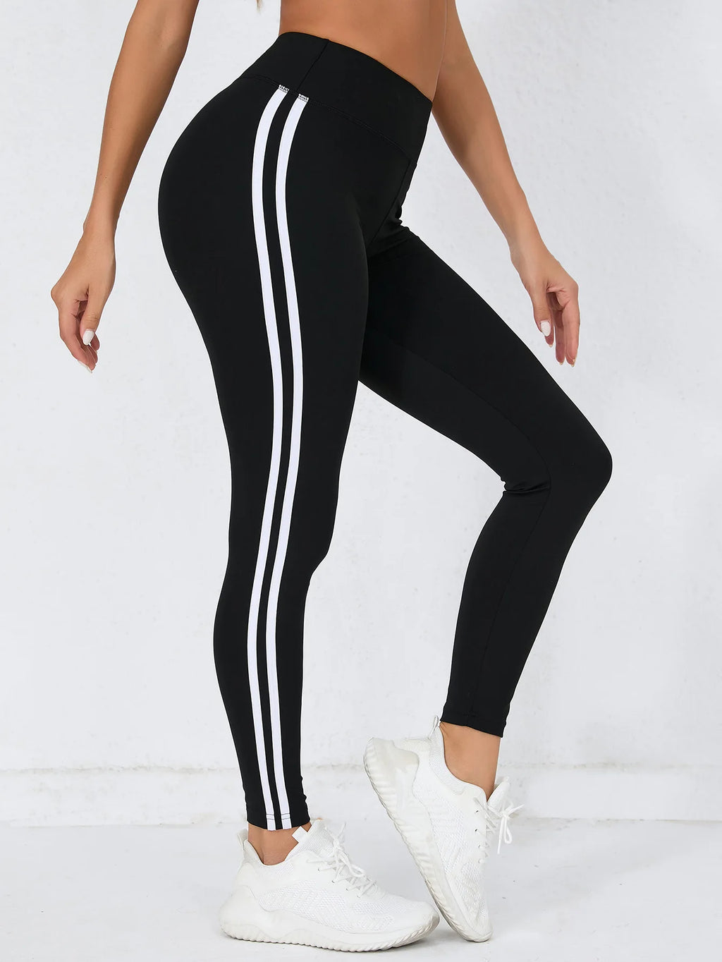 Women's Super Soft Leggings With White Striped, High Waist Stretch Workout Running Tight Pants