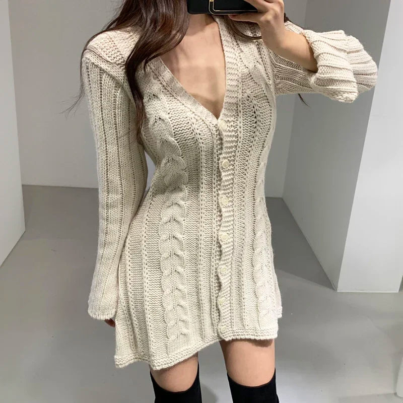 Sweater Dress for Women Long Sleeve Cable Knit Button Down Knitted Mini Dress for Women Teen-girl Fall Winter Chic Outfit