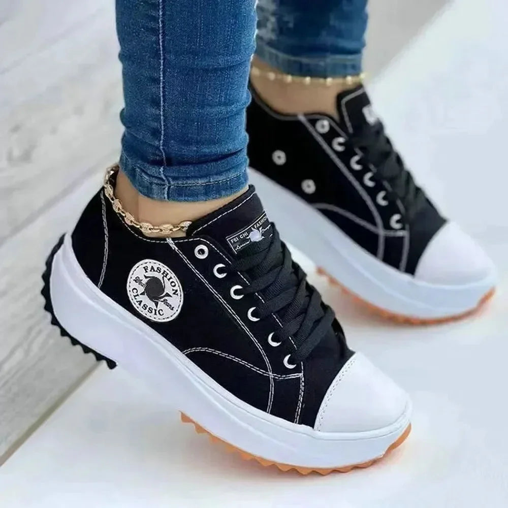 Classic white canvas sneakers women's casual shoes thick sole lace-up tennis shoes high quality fashion sports shoes 35-43