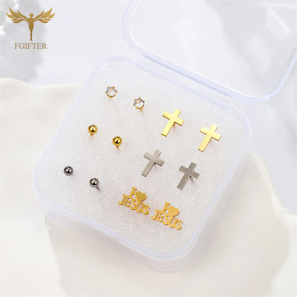Christian Jesus Cross Earrings Zircon Balls Stainless Steel Stud Earings Set Women Men Jewelry Small Christmas Gifts With Box