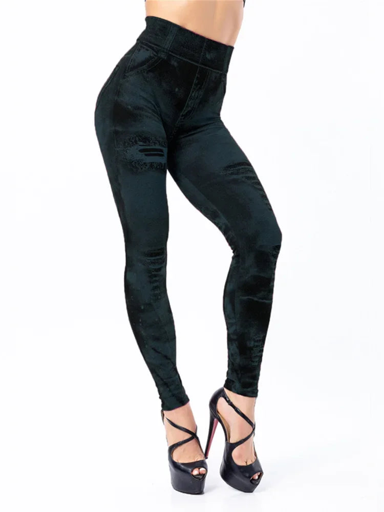 Women's High-Waist Imitation Jeans Stretch Oversize Leggings Slim Fit Push-Up Gym Streetwear Plus Size Women High Waist Leggings