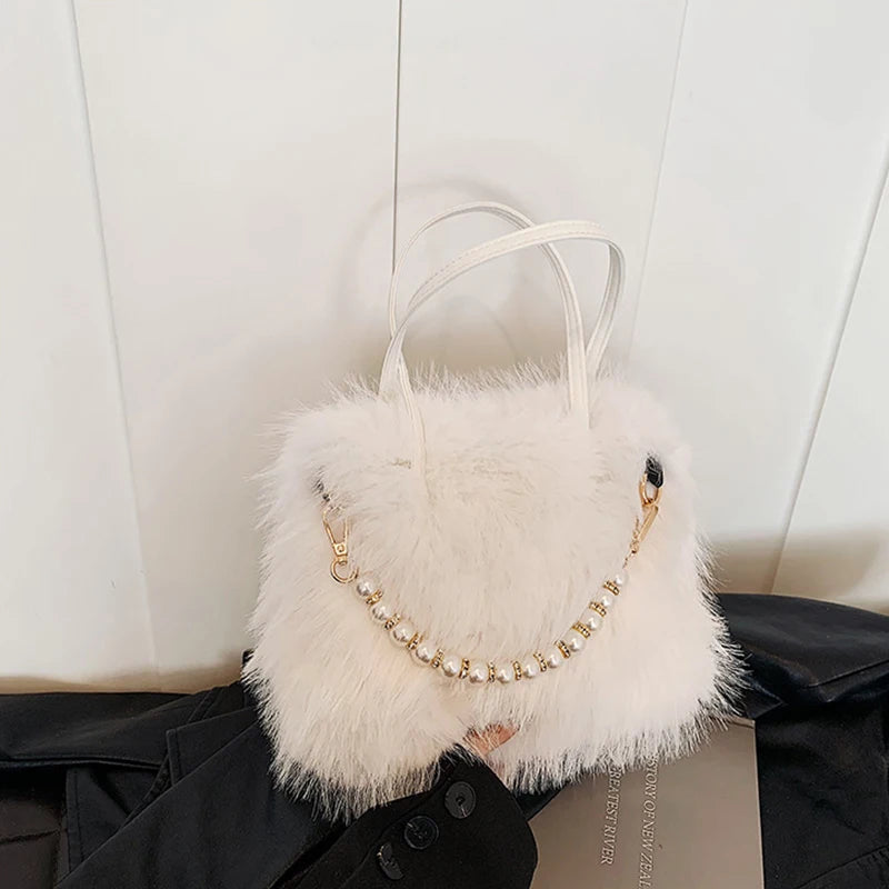 Winter Fashion Faux Fur Crossbody Bags for Women's Gift, Pearl Chain Decor Shoulder Bag, Ladies Handbags Top-handel Bag