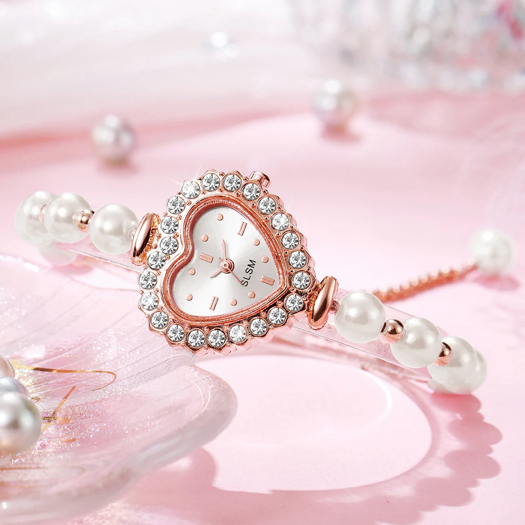 Fashion Heart Dial Women Watch Imitation Pearls Bracelet Quartz Wristwatches Reloj Mujer（Without Box）