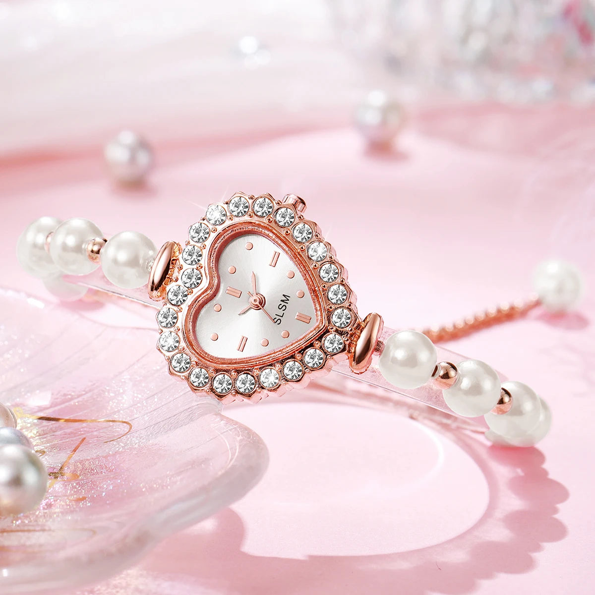 Fashion Heart Dial Women Watch Imitation Pearls Bracelet Quartz Wristwatches Reloj Mujer（Without Box）