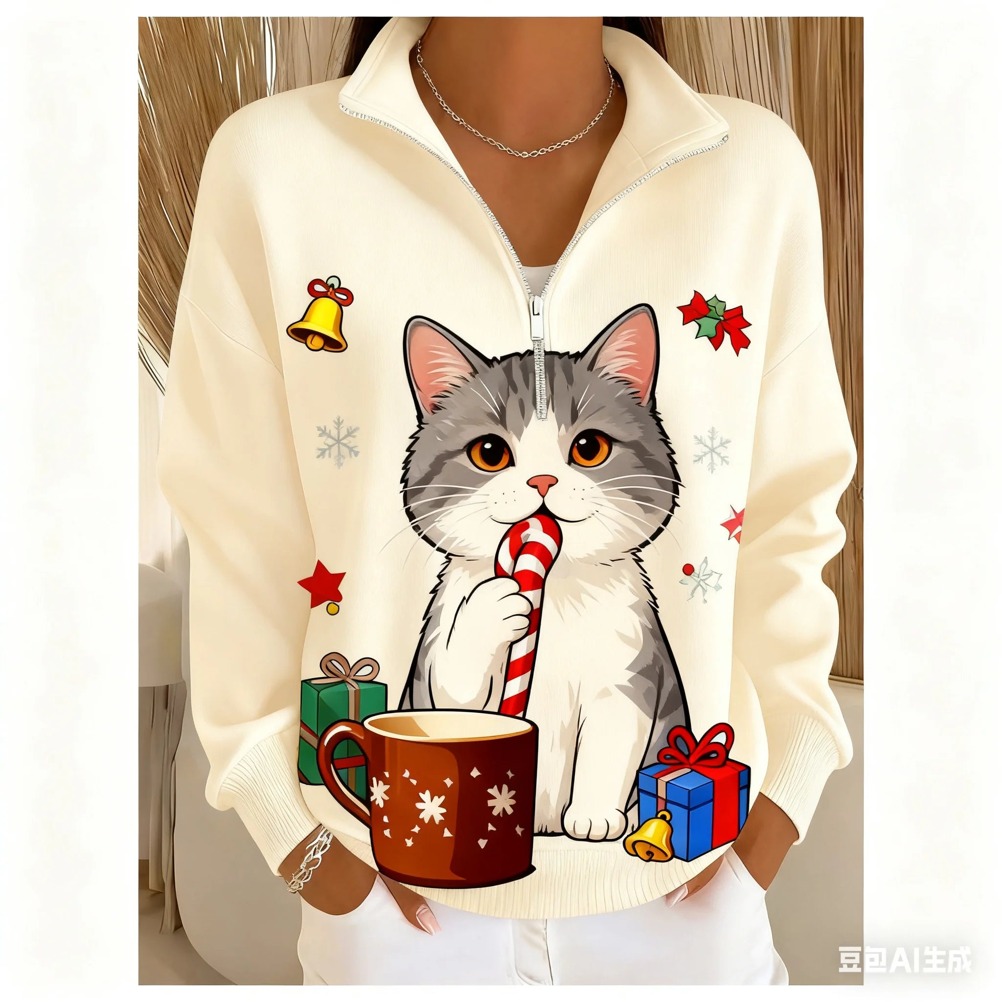 Christmas Women's Sweatshirt pet pattern printed Zipper pullover sweater autumn and winter Women's clothing polyester sweatshirt