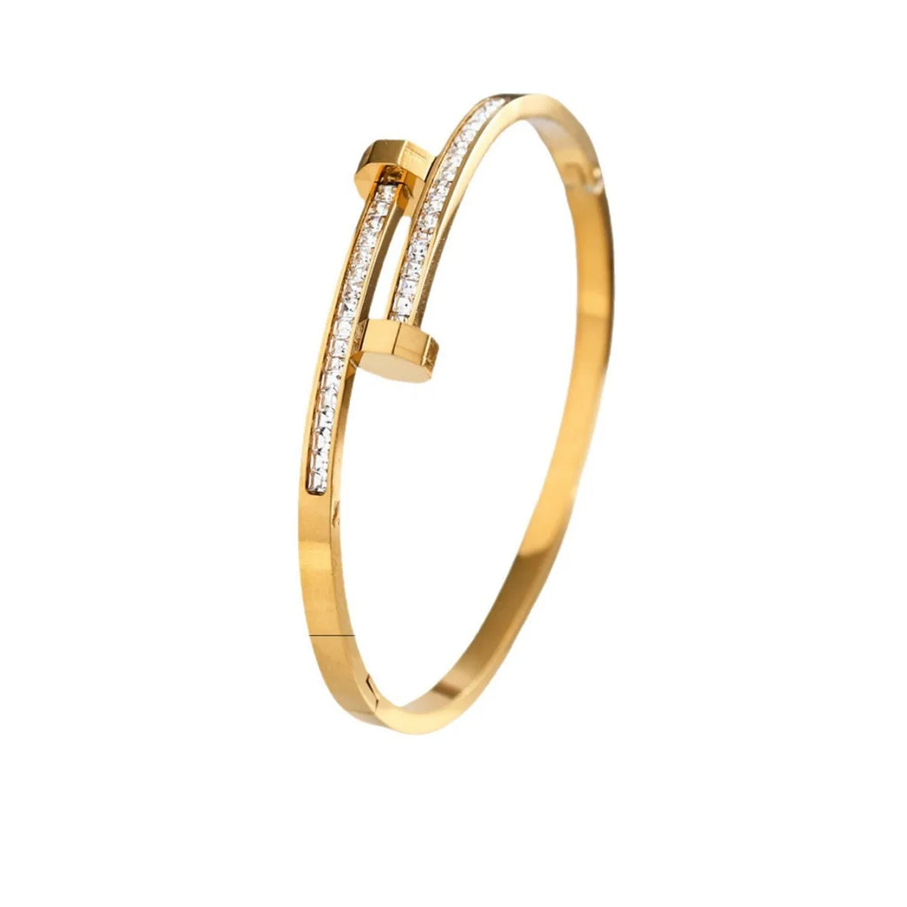 Luxury 18K Gold Plated Stainless Steel Nail Bracelet for Women with Cubic Zirconia Bangle Fashion Daily Wear Jewelry