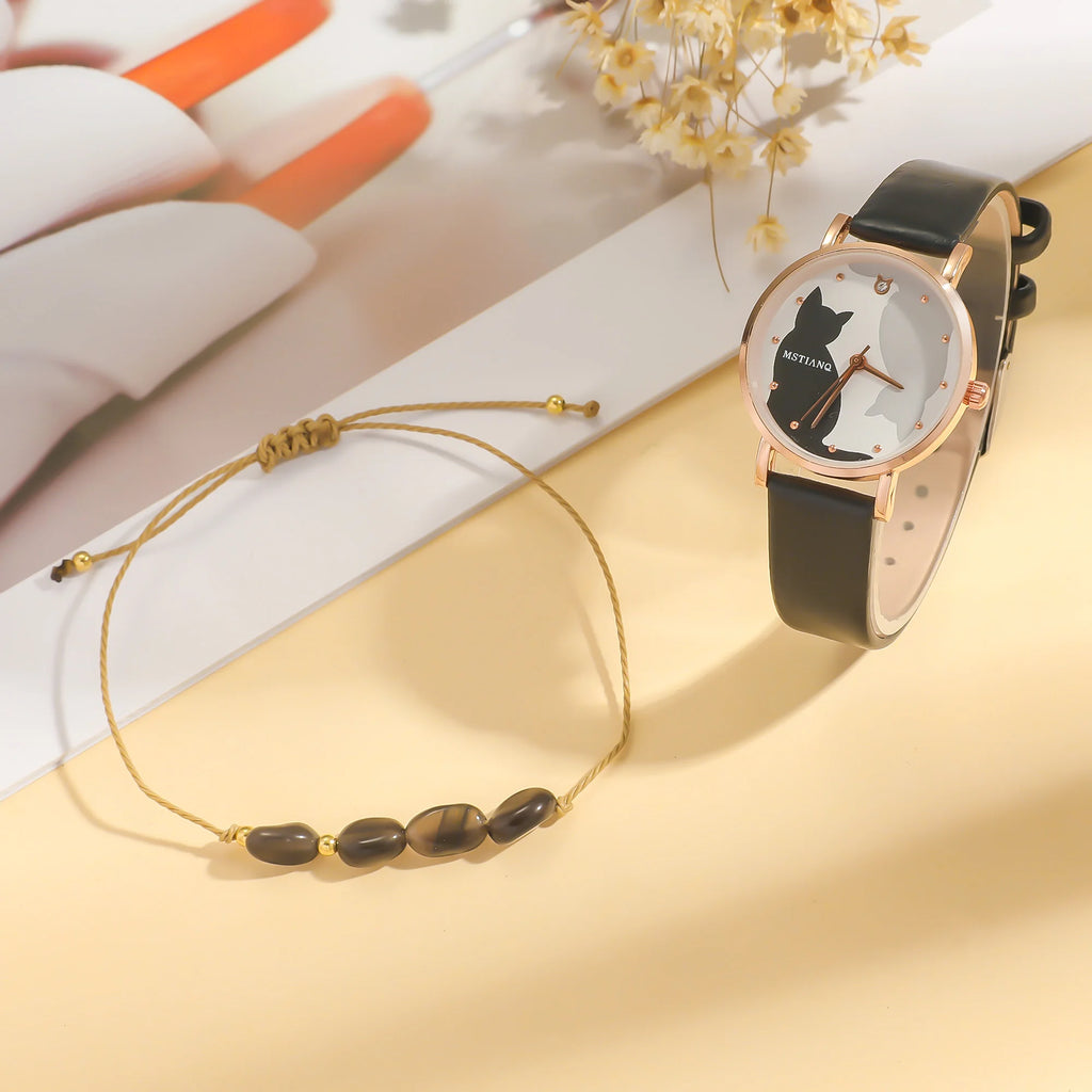 No gift box, popular elegant temperament women's fashion cat watch wristwatch   jade stone bracelet 2-piece set