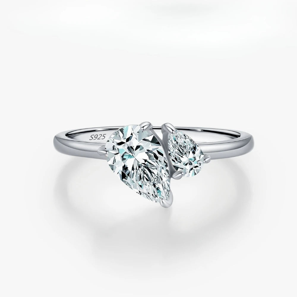 Monkton Genuine S925 Sterling Silver Two Stone Water Drop Rings For Women Dazzling Design Pear Shape CZ Finger Ring Fine Jewelry