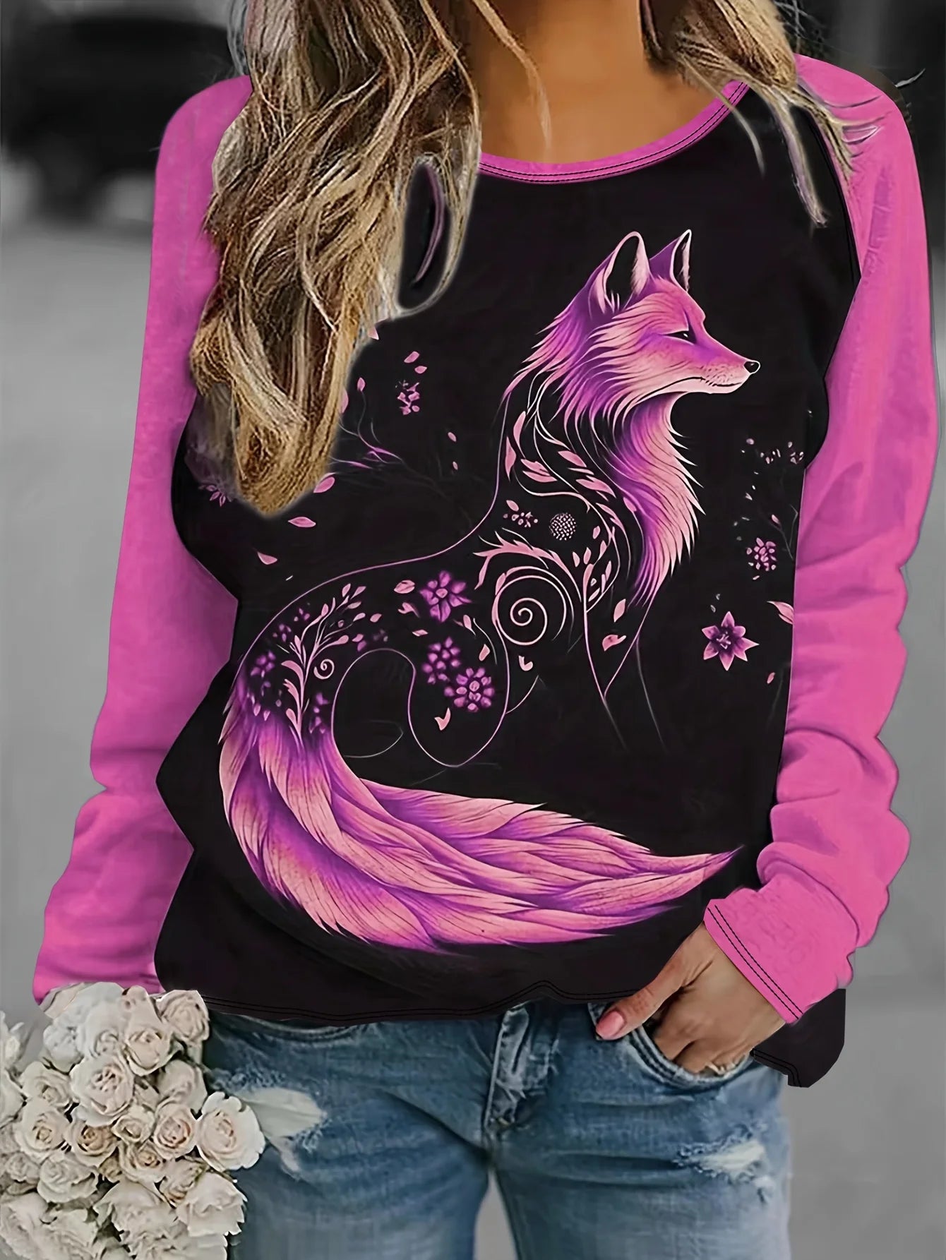 Women's 2024 sleeves stitching fox print round neck long sleeve party autumn casual pullover 3d printing casual fashion tops