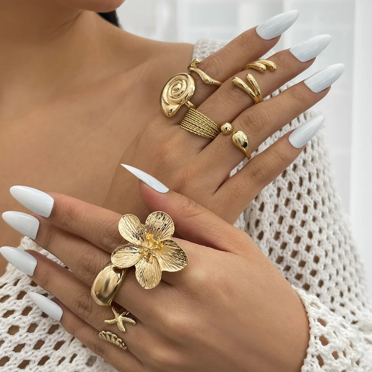 DIEZI One Set Vacation Beach Style Flower Starfish Knuckle Rings For Women Bohemian Vintage Gold Silver Color Open Joint Ring