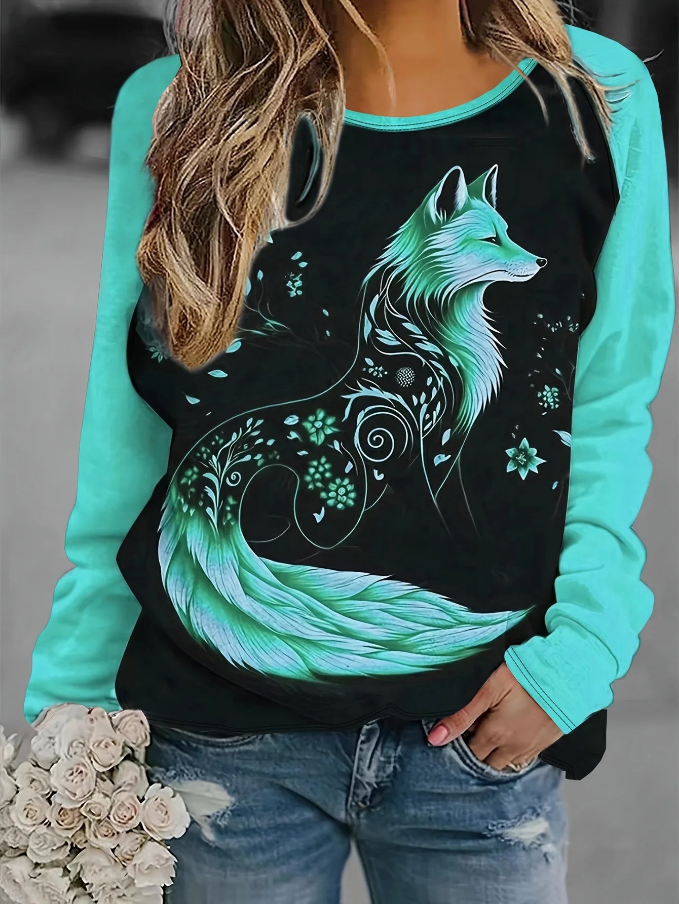 Women's 2024 sleeves stitching fox print round neck long sleeve party autumn casual pullover 3d printing casual fashion tops