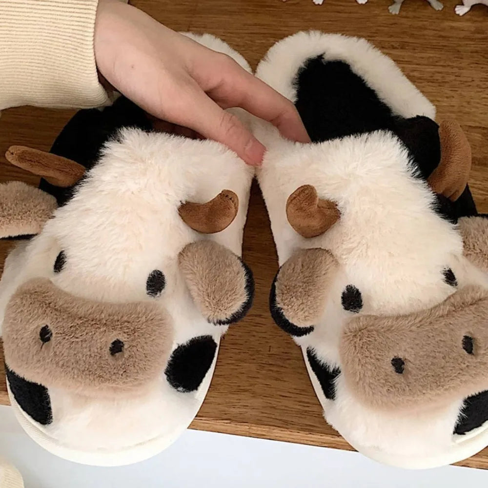New Winter Neutral Cartoon Cow Warm Plush Slippers for Couples,Indoor Anti Slip Home Slippers for Men Women,Home Cotton Shoes