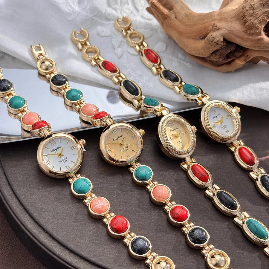 Colorful Turquoise Ladies Wristwatch Bracelet New Popular Luxury Vintage Stone Embedded Elegance Quartz Watch for Women