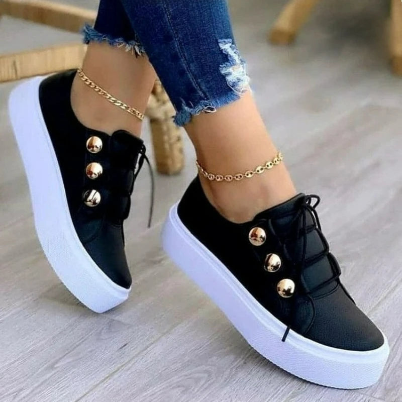 Women's Shoes Pu Leather Sneakers Fashion High Quality Casual Shoes Round Toe Lace Up Flats Plus Size Platform Vulcanize Shoes
