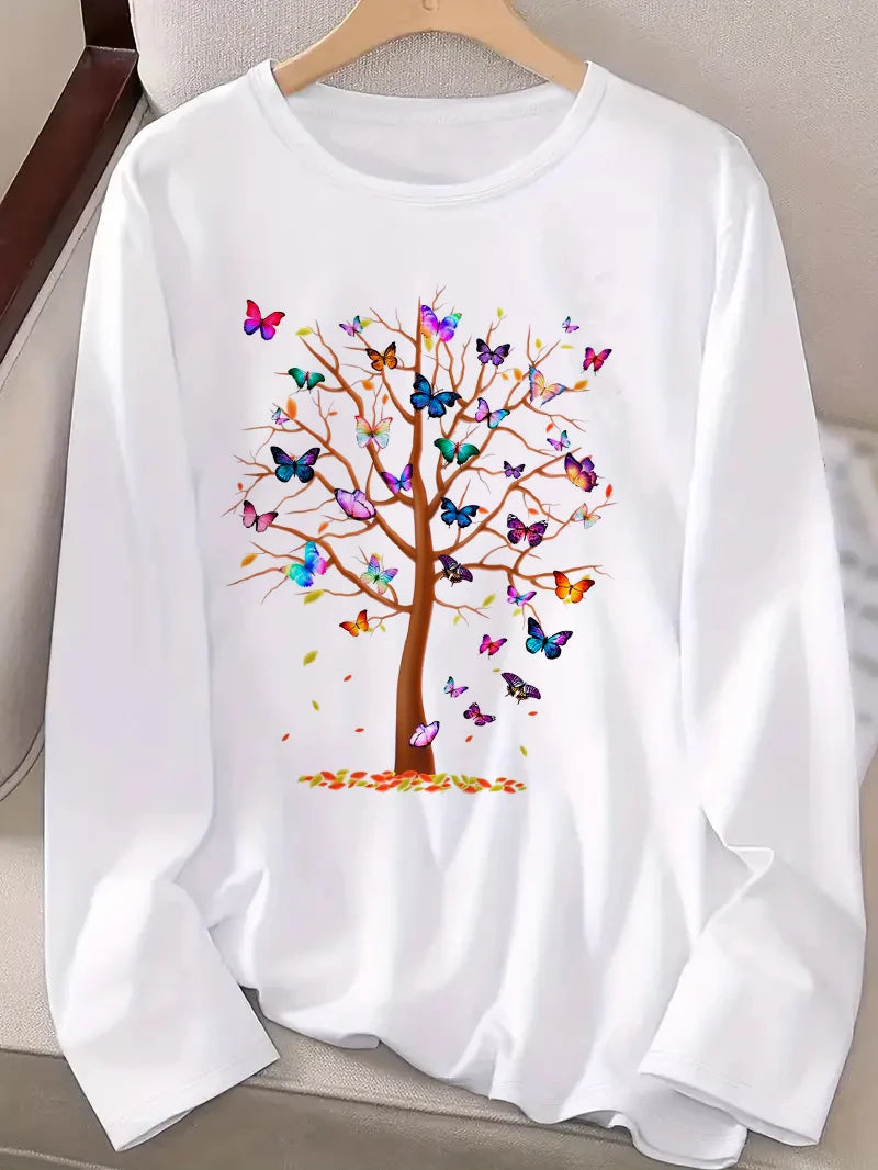 Long Sleeve T-Shirt  Butterfly Tree Print Harajuku Shirt Funny Gothic T Shirt Women's Casual Print Crew Neck Top Tee Tshirt