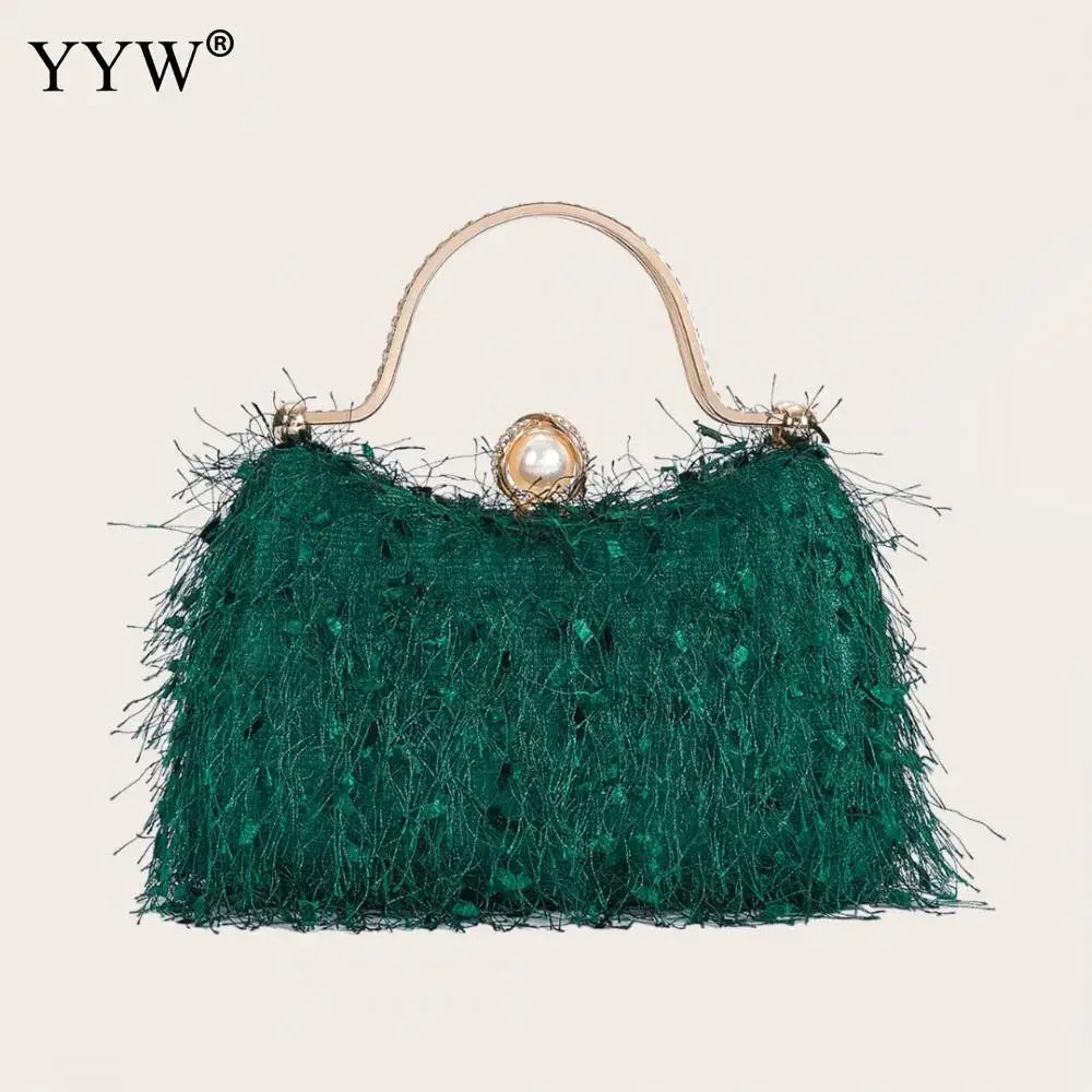 Tassel Evening Party Women Handbags Nylon Luxury Wedding Feather Female Clutch Elegant Feather Shoulder Crossbody Bag Green Bags