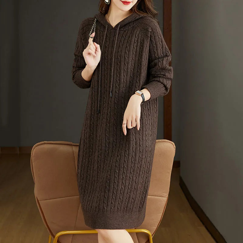 Women Pullover Sweater Dresses Streetwear Casual Loose Hooded Midi Dress for Woman Vintage Versatile Knee Length Knitted Dress