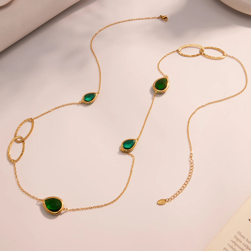 Colorful Glass Water Drop Pendant Necklace for Women's Waterproof Stainless Steel Gold-plated Chain 87cm Long Necklace Jewelry