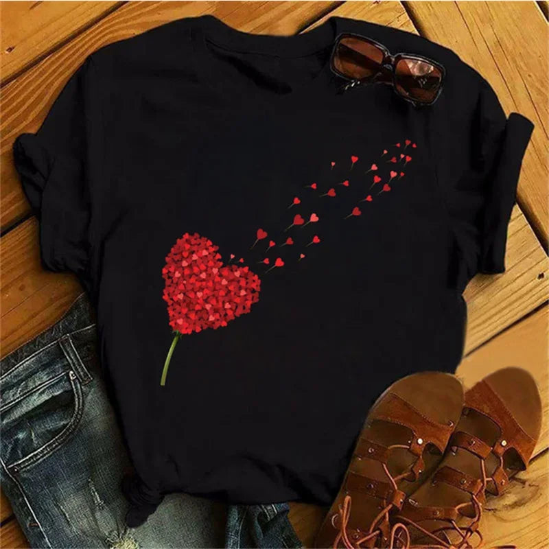 Female Short Sleeve Tshirt Harajuku Tee Shirts Girls T-shirts Fashion Red Poppy Women T Shirt Funny Black Printed Tops Tee