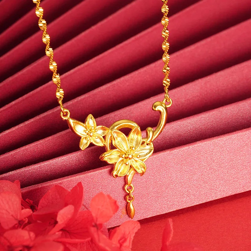 Luxury 24K 9999 Pure Gold real gold Women's Twin Flower Tassel Vine Necklace