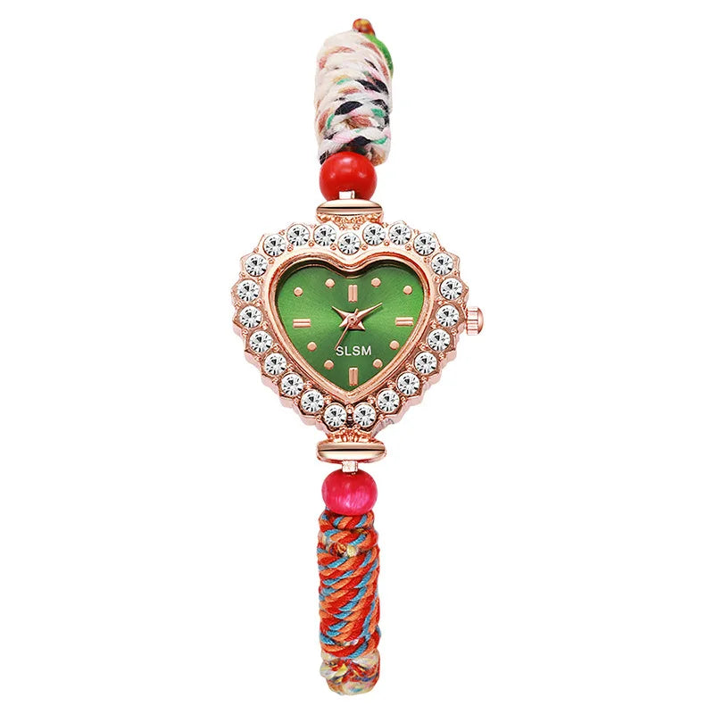 Fashion Braided Rope Strap Women Wristwatch Luxury Rhinestone Heart Dial Ladies Quartz Watches Reloj Mujer