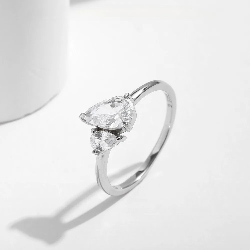 Monkton Genuine S925 Sterling Silver Two Stone Water Drop Rings For Women Dazzling Design Pear Shape CZ Finger Ring Fine Jewelry